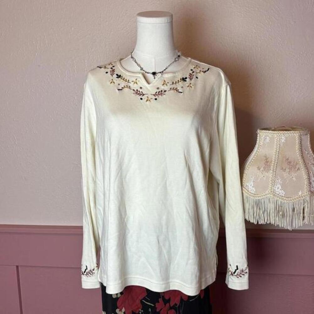 cottage vintage embroidered long sleeve bechamel sz PL white brown cotton
